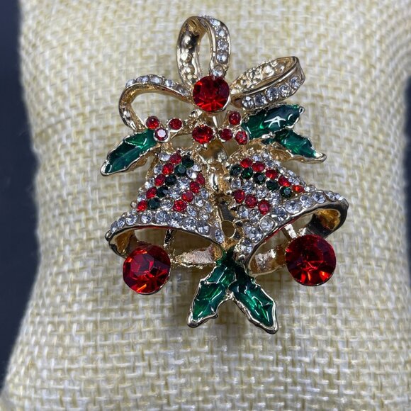 Vintage Christmas Bell Brooch Rhinestone Holiday Pin Gift Occasion Glam Sparkle - Picture 2 of 6